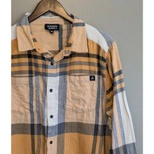 Known Supply Mens Medium M Orange Plaid Organic Cotton Flannel Shirt Button Up